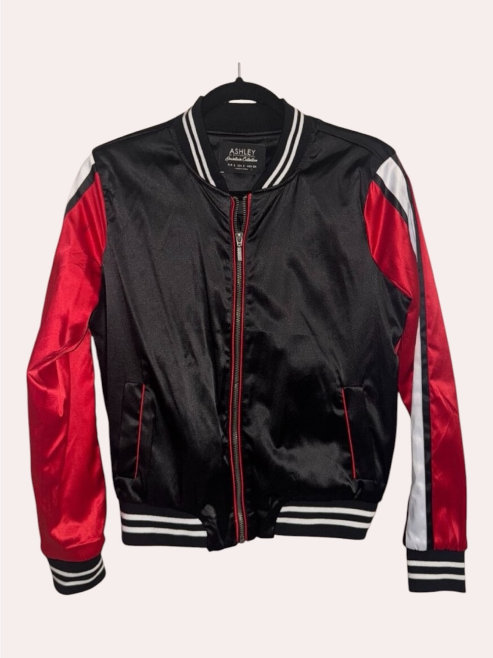 Fashion Nova Black Satin Bomber Jacket with Red & White Stripe Sleeves